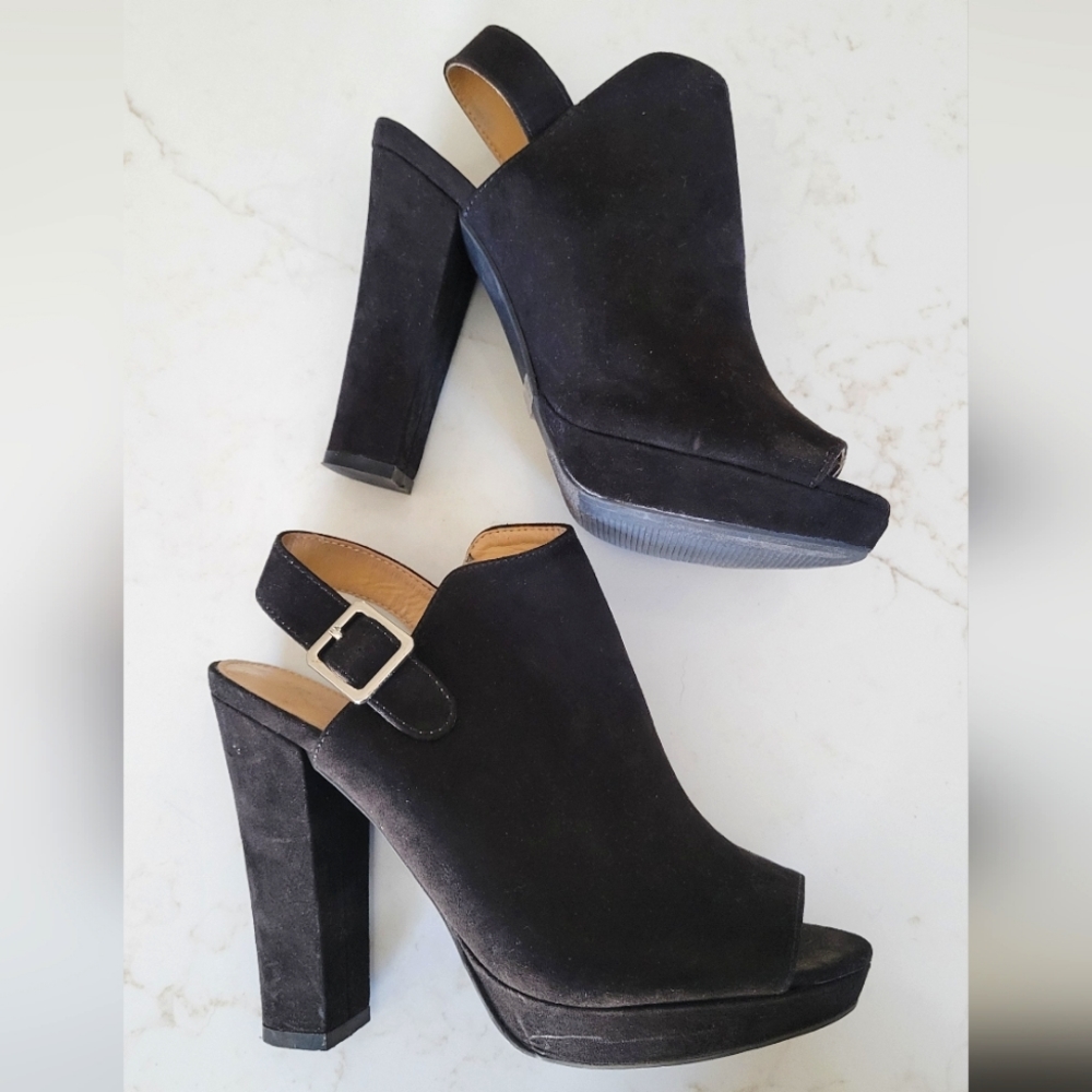 Black faux suede heeled platforms